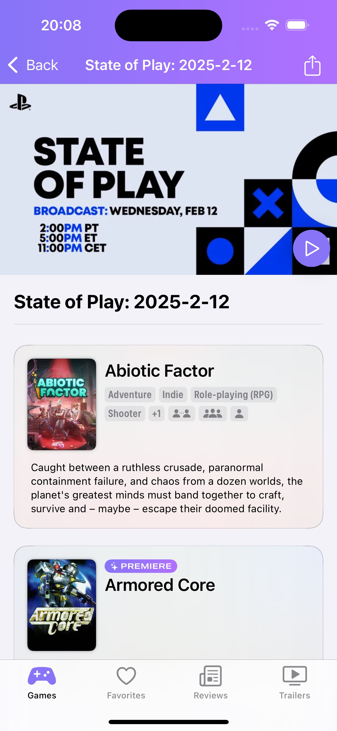 GamingBuddy State of Play event detail showing announced games and livestream