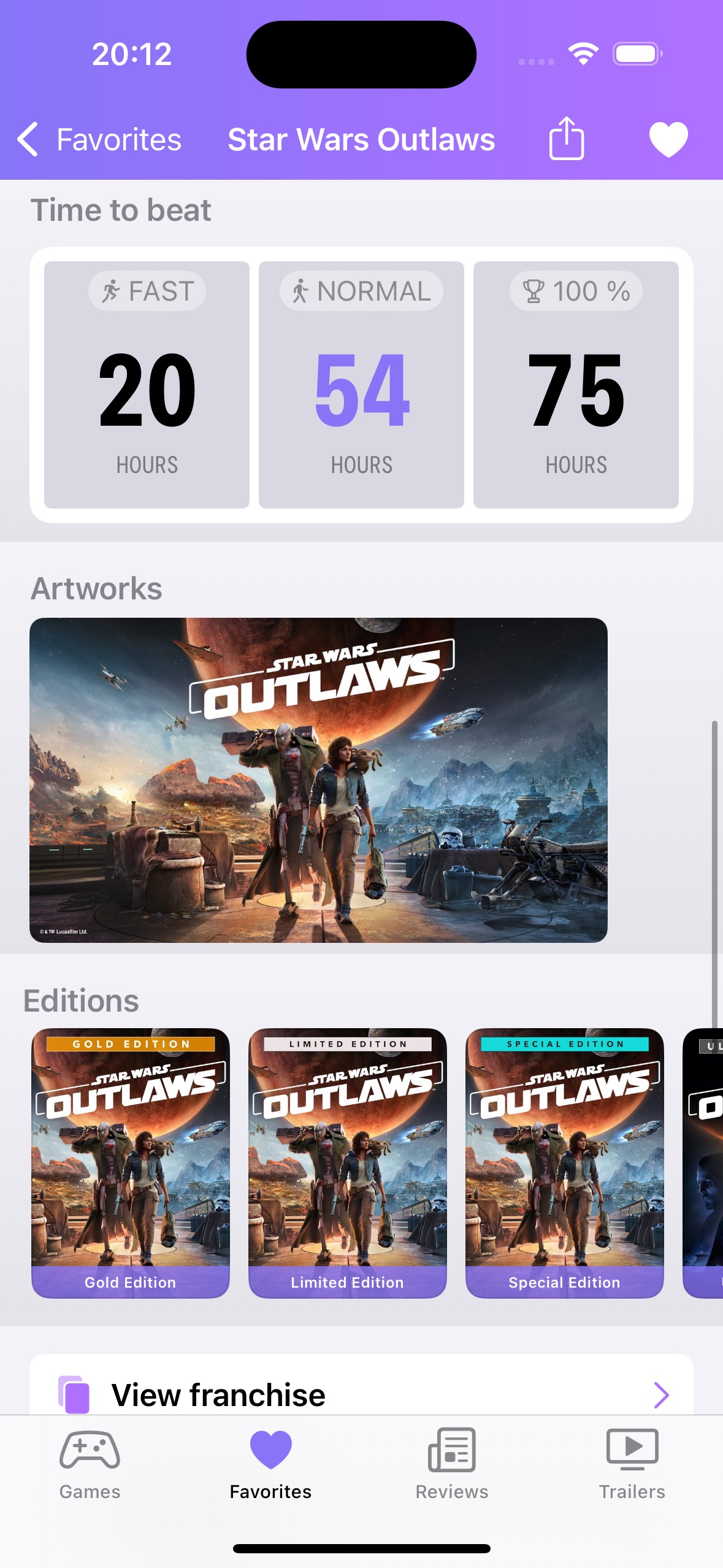 GamingBuddy game details showing time to beat, artworks, and different game editions