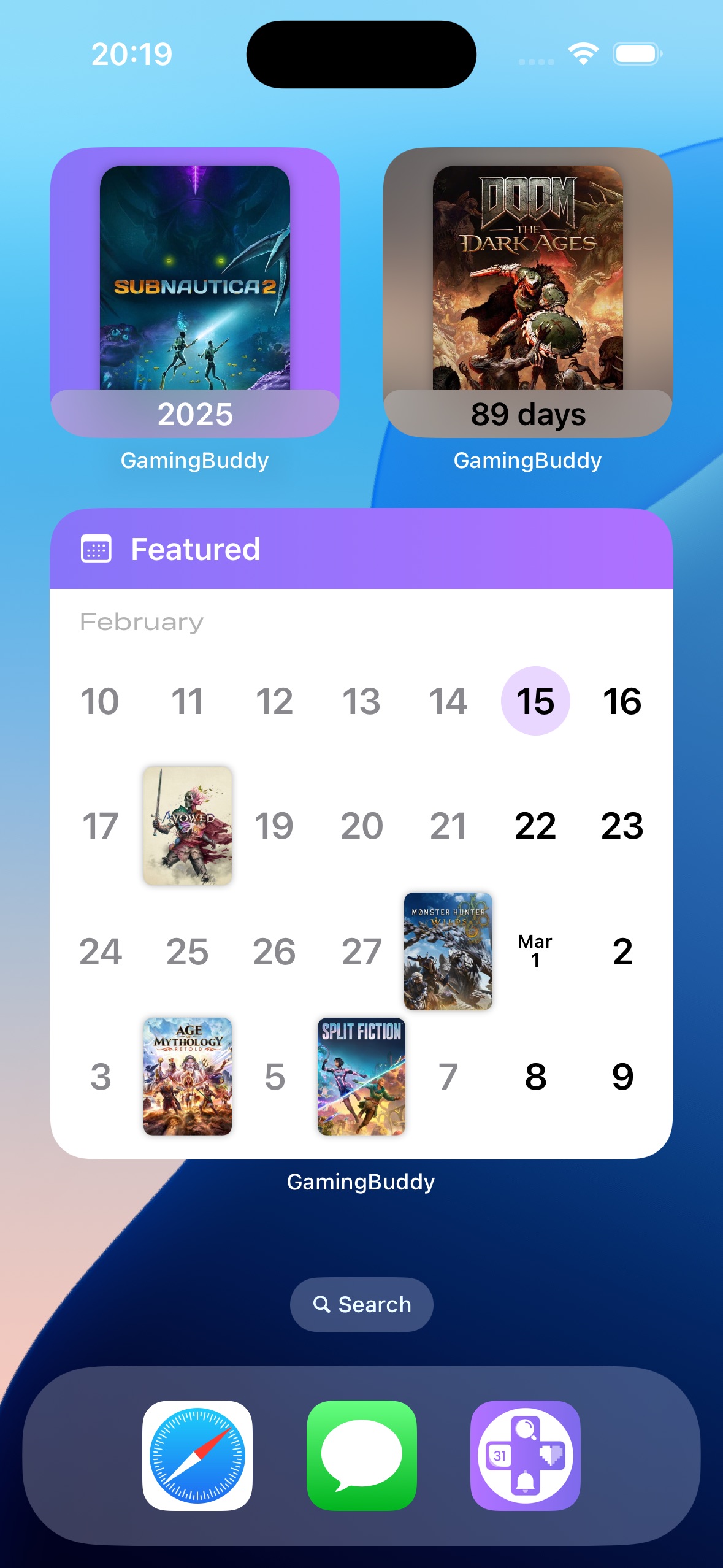 GamingBuddy countdown and calendar widgets for iOS home screen